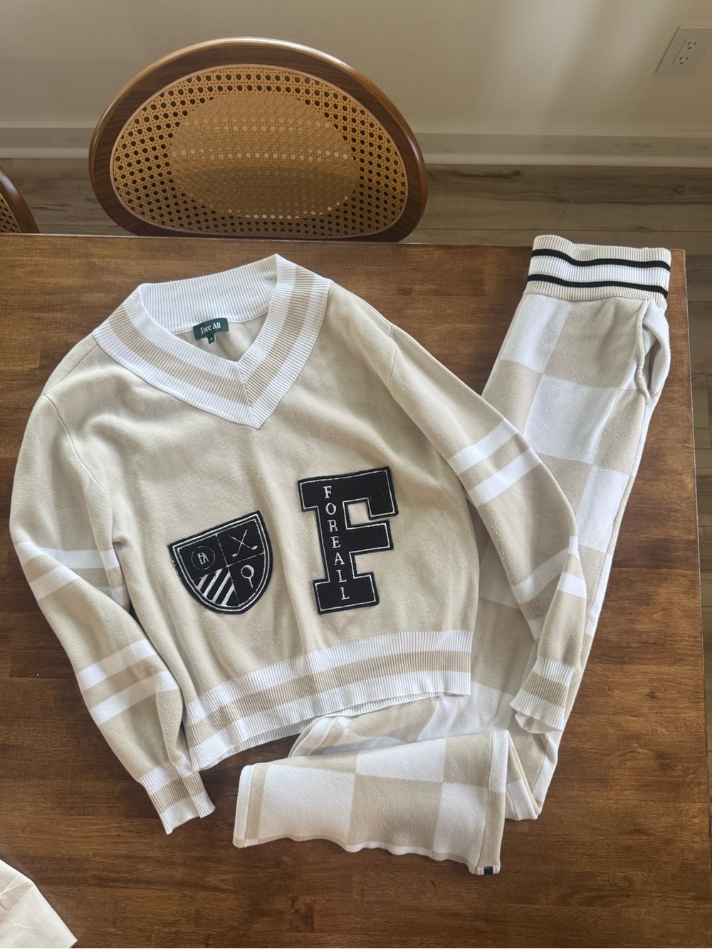 For All Beige & White Knit Sweater Set